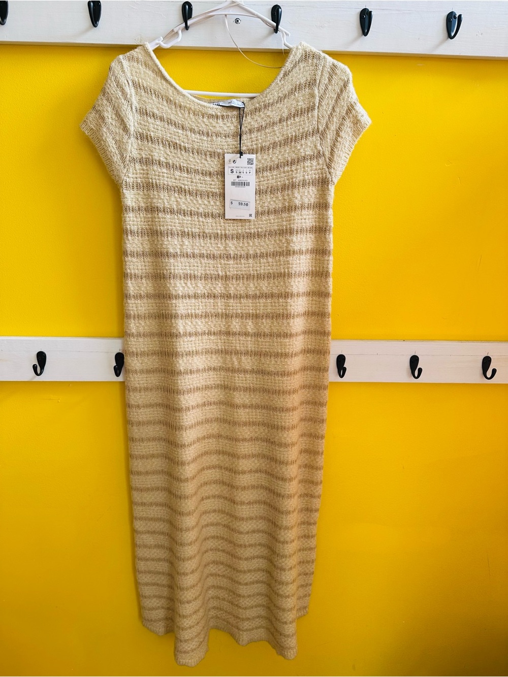 Zara Light Yellow Striped Knit Midi Dress